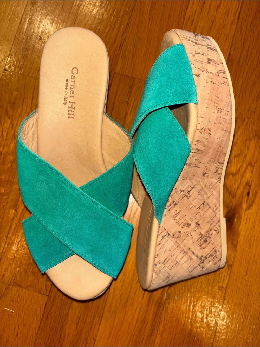 Garnet Hill Green Suede Crisscross Cork Wedge Slides Size 6 New